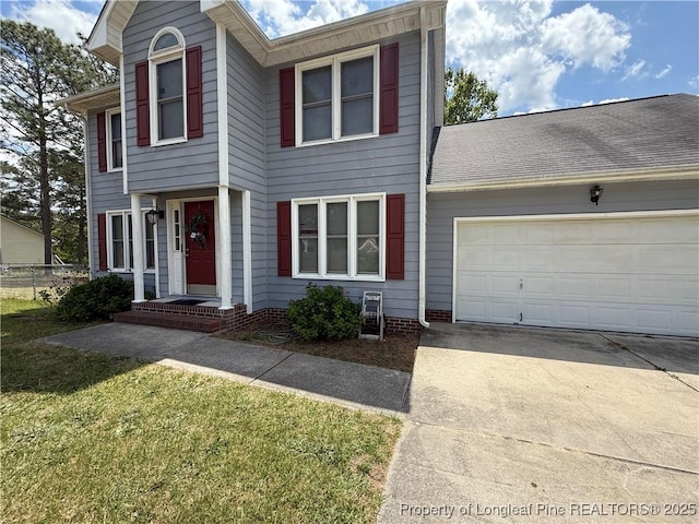view of front facade featuring concrete driveway, an attached garage, fence, and a front lawn