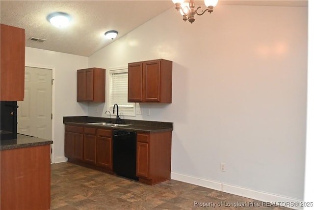 279 Hunters Creek Dr, Raeford, NC 28376 - kitchen featuring a sink, black dishwasher, dark countertops, lofted ceiling, and baseboards
