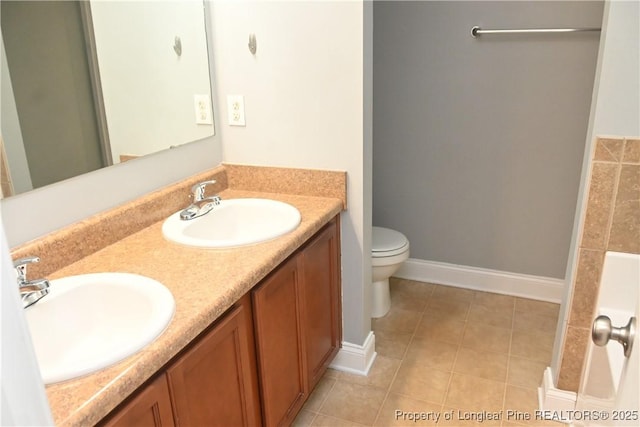 279 Hunters Creek Dr, Raeford, NC 28376 - full bathroom featuring tile patterned flooring, toilet, double vanity, and baseboards