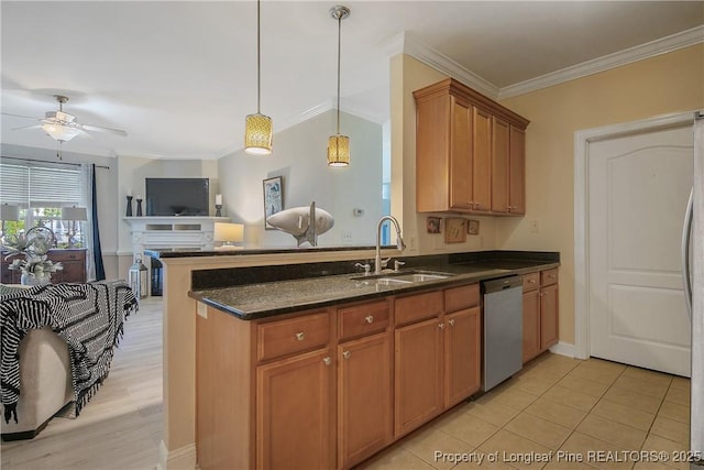 159 Gallery Dr Unit 103, Spring Lake, NC 28390 - kitchen with stainless steel dishwasher, a sink, ornamental molding, a ceiling fan, and a peninsula