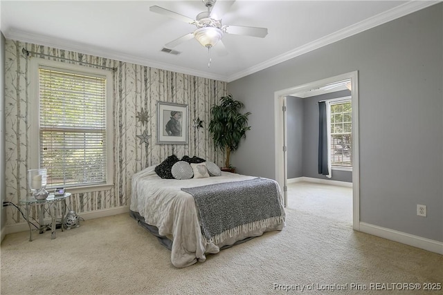159 Gallery Dr Unit 103, Spring Lake, NC 28390 - carpeted bedroom featuring baseboards, ornamental molding, wallpapered walls, and a ceiling fan