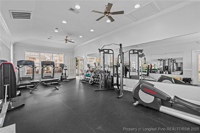 159 Gallery Dr Unit 103, Spring Lake, NC 28390 - gym with a ceiling fan, crown molding, and recessed lighting