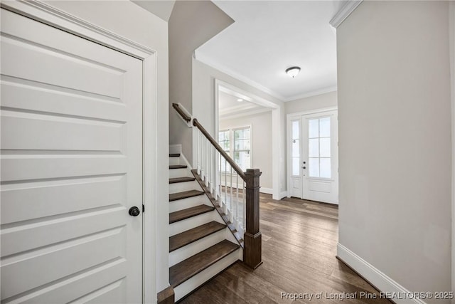 405 Gilpin Way, Cary, NC 27519 - foyer with baseboards, stairway, ornamental molding, and dark wood-style flooring