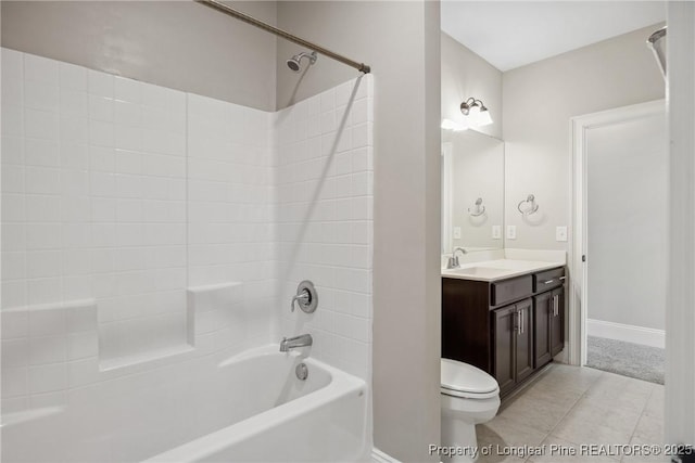 405 Gilpin Way, Cary, NC 27519 - bathroom featuring baseboards, shower / tub combination, vanity, tile patterned flooring, and toilet