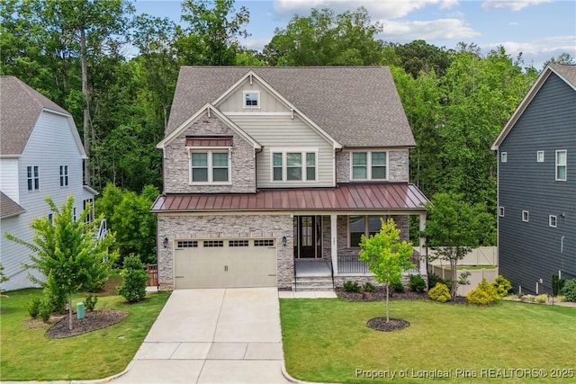 405 Gilpin Way, Cary, NC 27519 - craftsman inspired home featuring covered porch, board and batten siding, concrete driveway, a front yard, and a garage