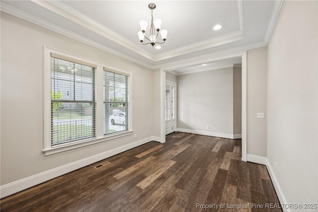 405 Gilpin Way, Cary, NC 27519 - unfurnished room featuring a chandelier, dark wood-style floors, baseboards, crown molding, and recessed lighting