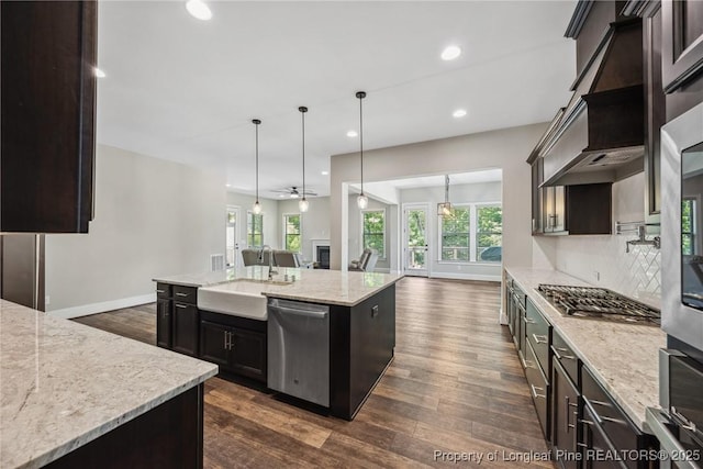 405 Gilpin Way, Cary, NC 27519 - kitchen with appliances with stainless steel finishes, a sink, dark wood-style floors, open floor plan, and a ceiling fan