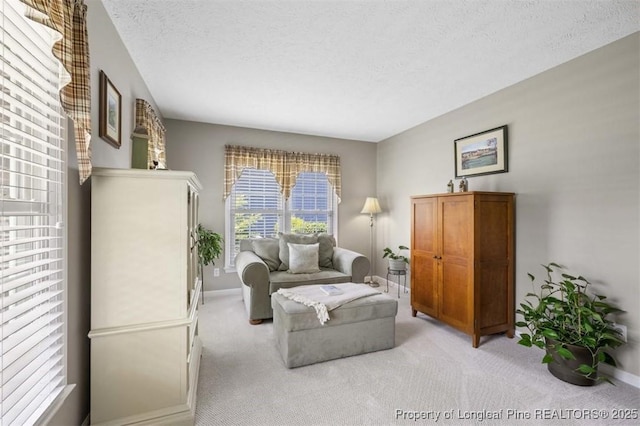 living area with light colored carpet, a textured ceiling, and baseboards