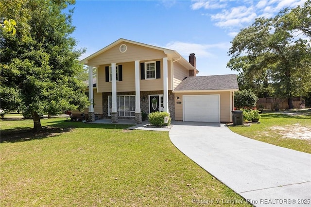 6236 Stoney Point Loop, Fayetteville, NC 28306 - neoclassical / greek revival house featuring a chimney, an attached garage, concrete driveway, and stone siding