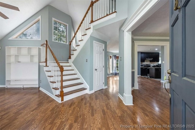 7616 Spurge Dr, Fayetteville, NC 28311 - foyer with plenty of natural light, stairway, dark wood-style flooring, lofted ceiling, and ceiling fan