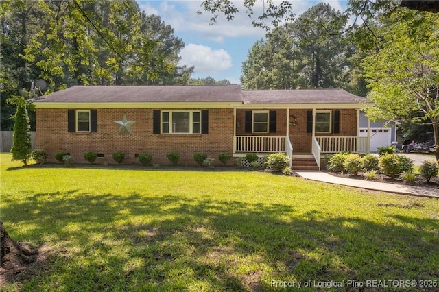 ranch-style home with covered porch, a front yard, brick siding, and crawl space