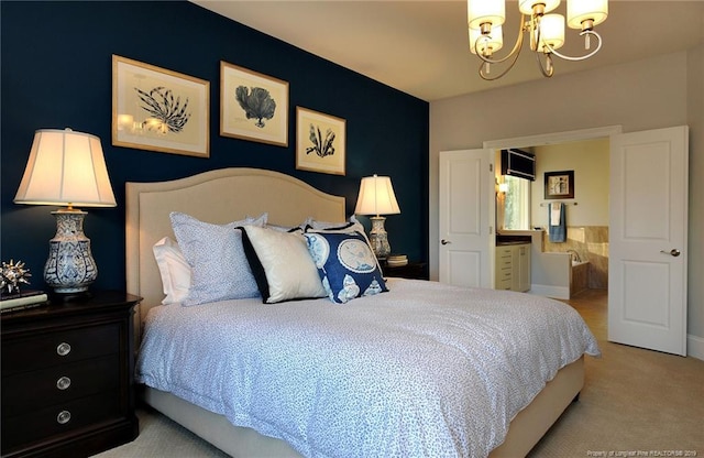 bedroom with a notable chandelier and light colored carpet