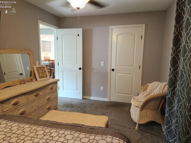 bedroom with dark carpet and ceiling fan