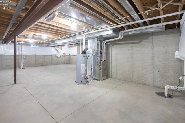 unfinished basement with brick wall, water heater, and heating unit