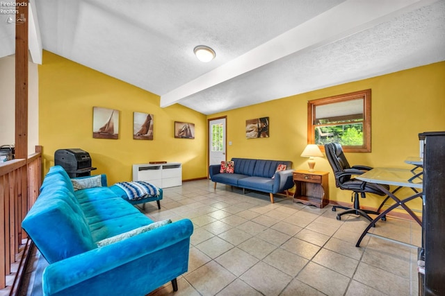 living room with tile flooring, lofted ceiling with beams, plenty of natural light, and a textured ceiling