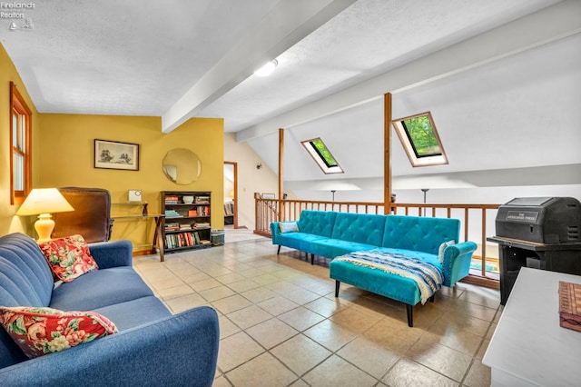 tiled living room featuring a textured ceiling and lofted ceiling with skylight