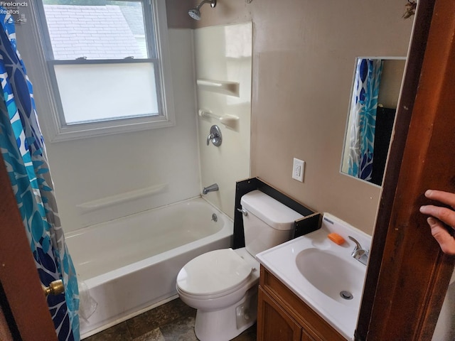 full bathroom featuring tile patterned floors, vanity, shower / bathtub combination with curtain, and toilet