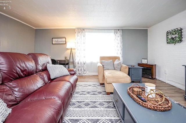 living room with ornamental molding and hardwood / wood-style flooring