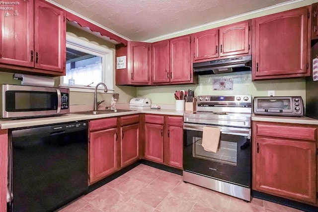 kitchen with light tile patterned flooring, sink, stainless steel appliances, and range hood