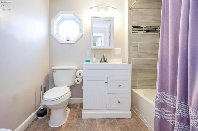 full bathroom with shower / bathtub combination with curtain, vanity, tile patterned floors, and toilet