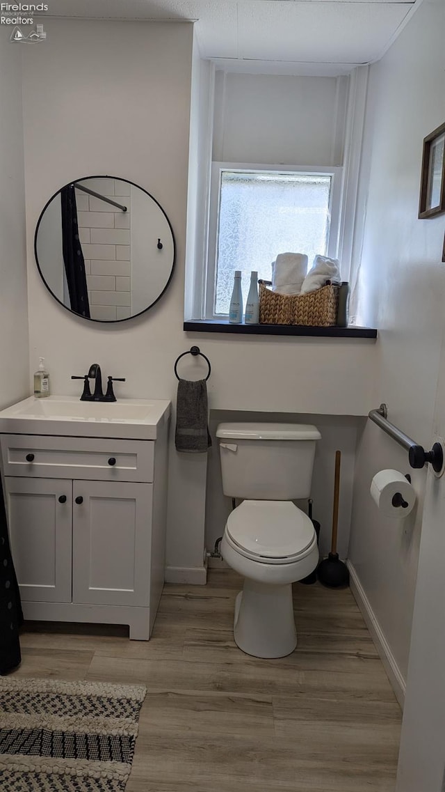 bathroom featuring vanity, wood-type flooring, and toilet