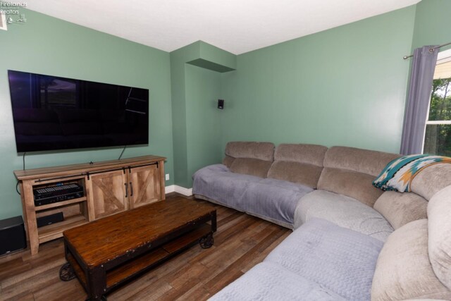 living room with dark hardwood / wood-style flooring