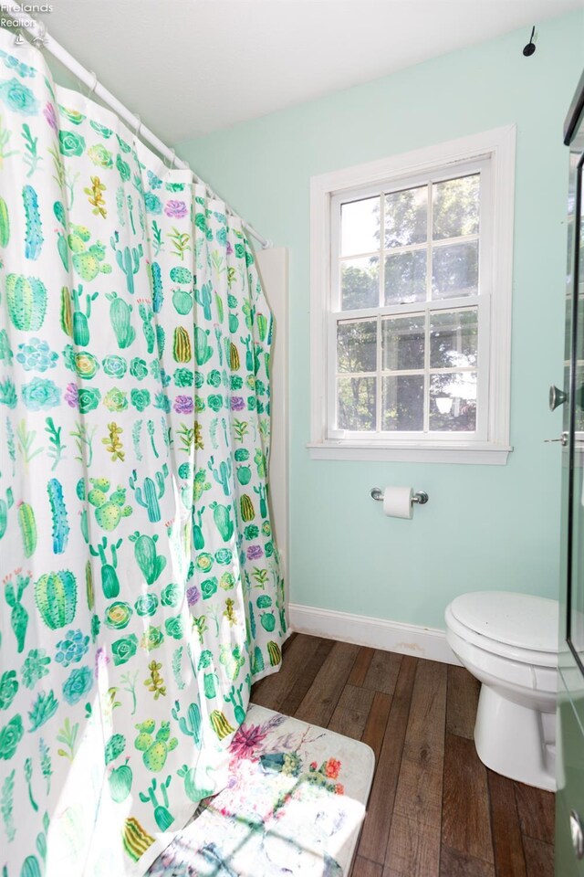 bathroom with toilet and hardwood / wood-style flooring