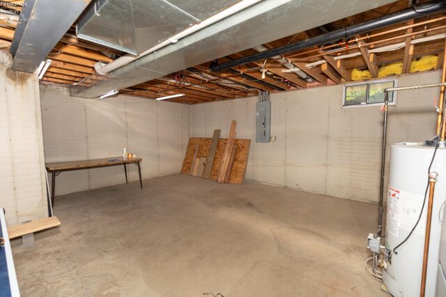 basement with water heater and electric panel