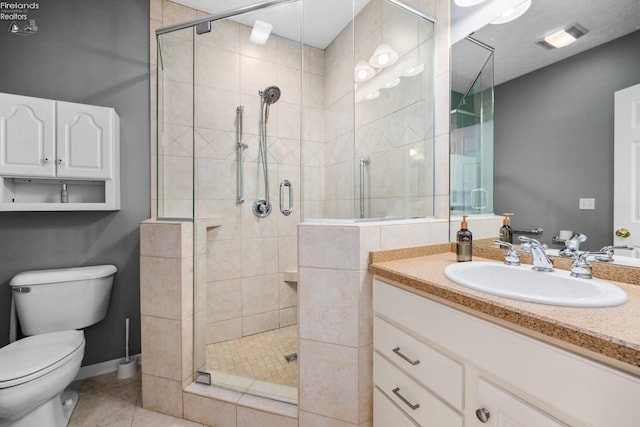 bathroom featuring a shower with door, tile patterned floors, toilet, and vanity