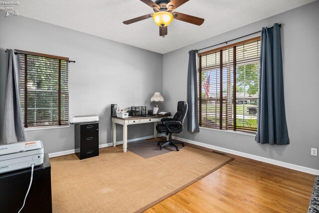 office space with light hardwood / wood-style floors, a wealth of natural light, and ceiling fan