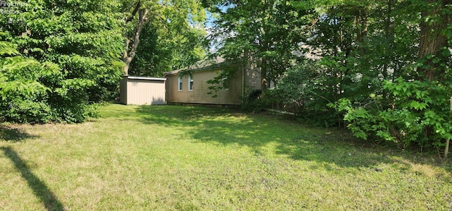 view of yard featuring a storage shed