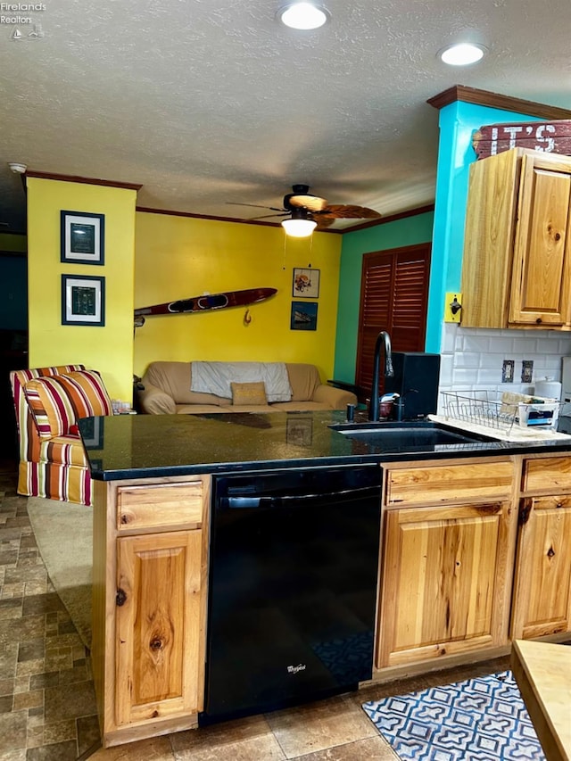 kitchen featuring a sink, dark countertops, open floor plan, and dishwasher