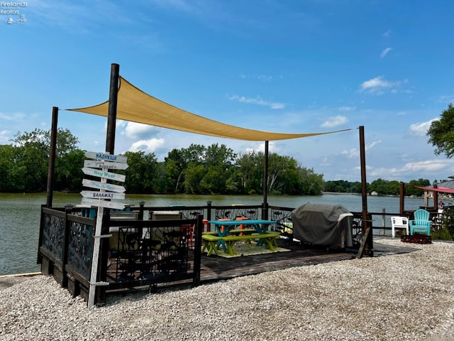 view of parking / parking lot with a water view