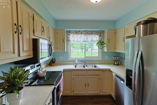 kitchen featuring dark hardwood / wood-style floors, a wealth of natural light, appliances with stainless steel finishes, and sink