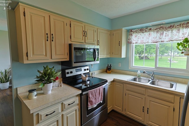 kitchen with sink, dark wood-type flooring, a textured ceiling, and stainless steel appliances