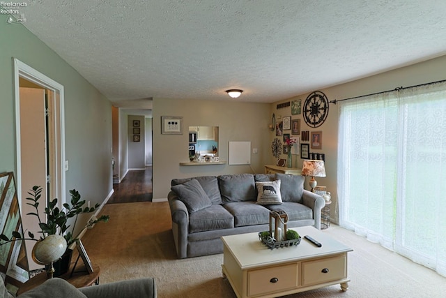 carpeted living room featuring a wealth of natural light and a textured ceiling