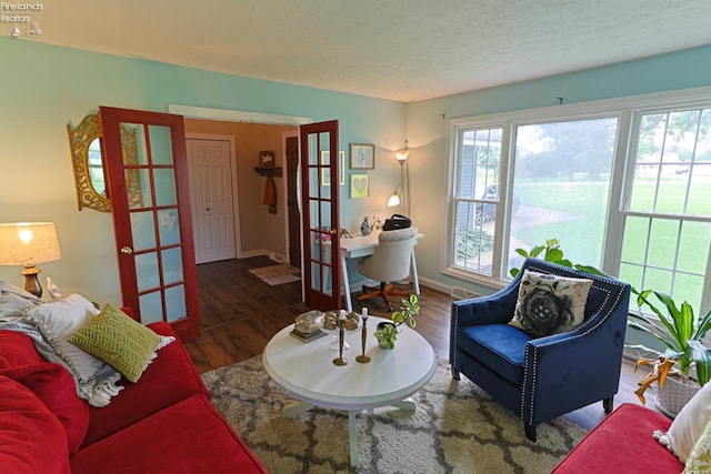 living room with french doors, hardwood / wood-style flooring, and plenty of natural light