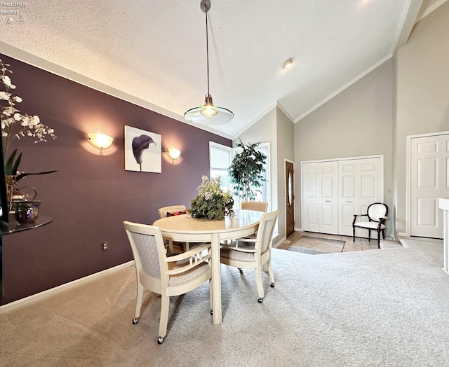 carpeted dining space featuring a textured ceiling and high vaulted ceiling