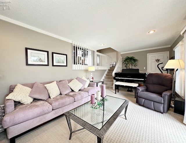 carpeted living room with ornamental molding and a textured ceiling