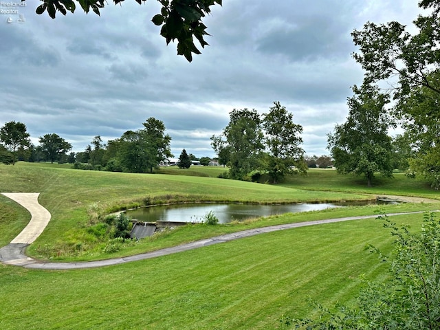 view of community featuring a water view and a yard