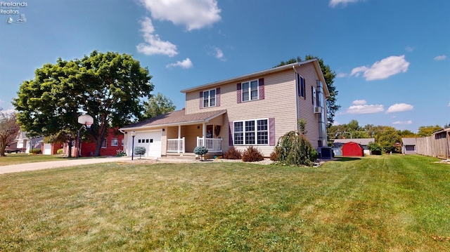 view of front of home featuring a porch, a garage, central AC unit, and a front lawn