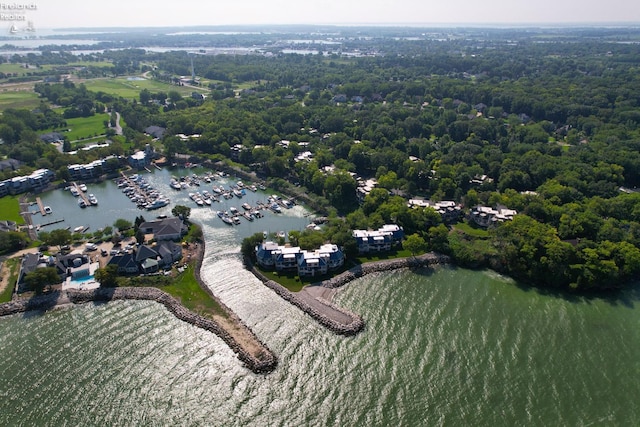 drone / aerial view with a water view