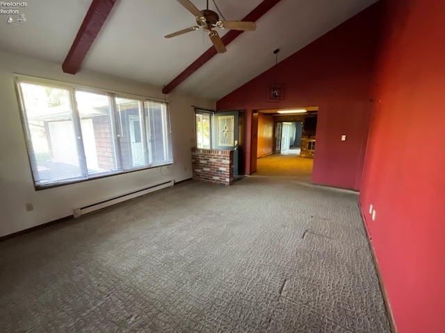 interior space with ceiling fan, high vaulted ceiling, carpet floors, beamed ceiling, and a baseboard heating unit