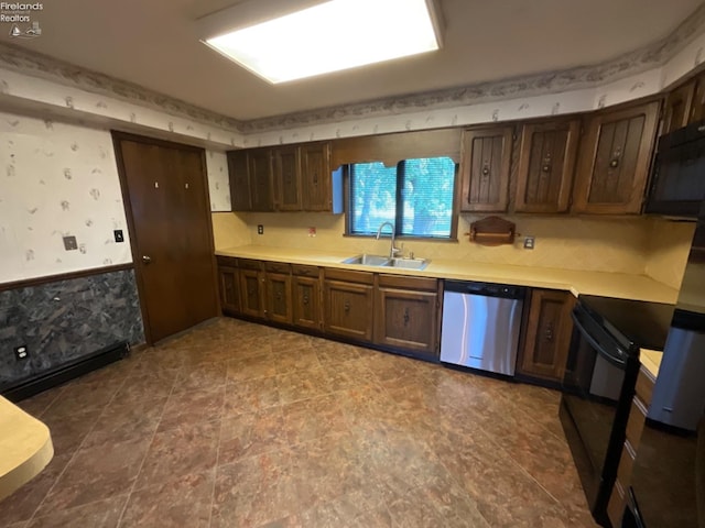 kitchen with sink, light tile patterned flooring, black appliances, and dark brown cabinets