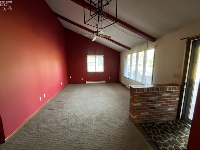 empty room featuring carpet floors, vaulted ceiling with beams, ceiling fan, and baseboard heating