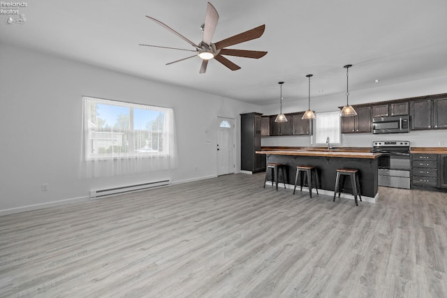 kitchen featuring dark brown cabinets, a baseboard radiator, wood counters, light hardwood / wood-style floors, and stainless steel appliances