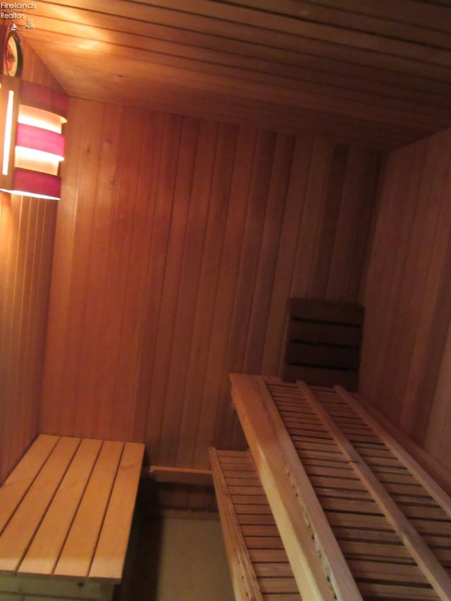 view of sauna / steam room with wood ceiling and wood walls