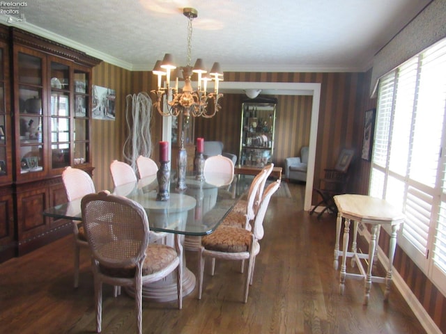 dining space with dark hardwood / wood-style flooring, a chandelier, crown molding, and a textured ceiling