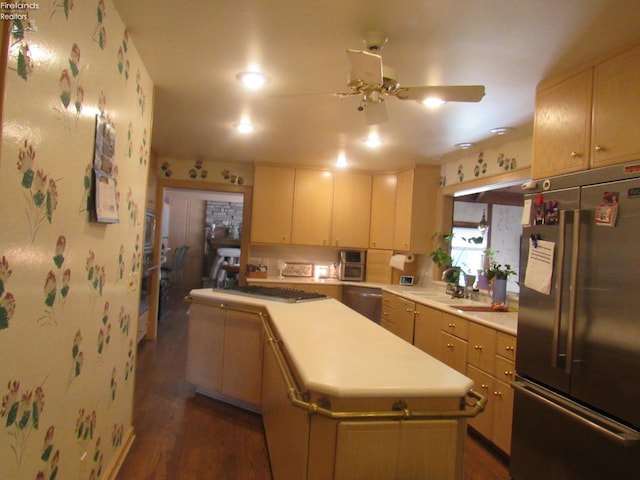 kitchen with sink, a center island, ceiling fan, dark wood-type flooring, and appliances with stainless steel finishes