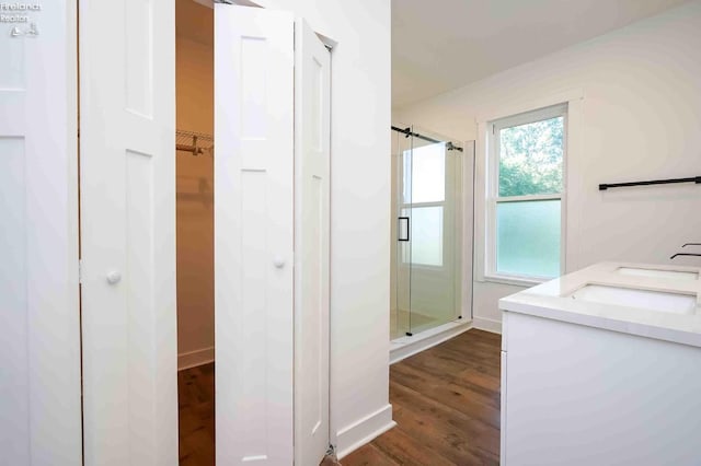 bathroom with vanity, an enclosed shower, and wood-type flooring